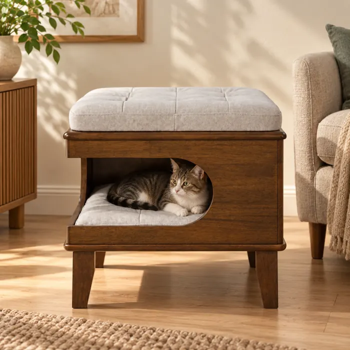Walnut Finish Ottoman with Cat Hideaway
